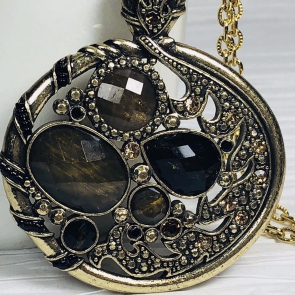 BrownTopaz Oval Filigree Pendant Necklace Bronze